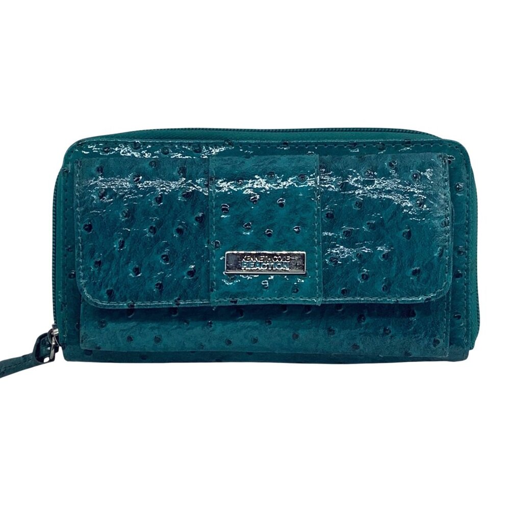 Kenneth Cole Reaction Women Teal‎ Faux Ostrich Wallet Compartments 8"x4.5"